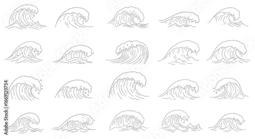 A Dynamic Collection of Hand-Drawn Ocean Waves Showcasing Various Forms and Movements Capturing the Power and Beauty of the Sea
