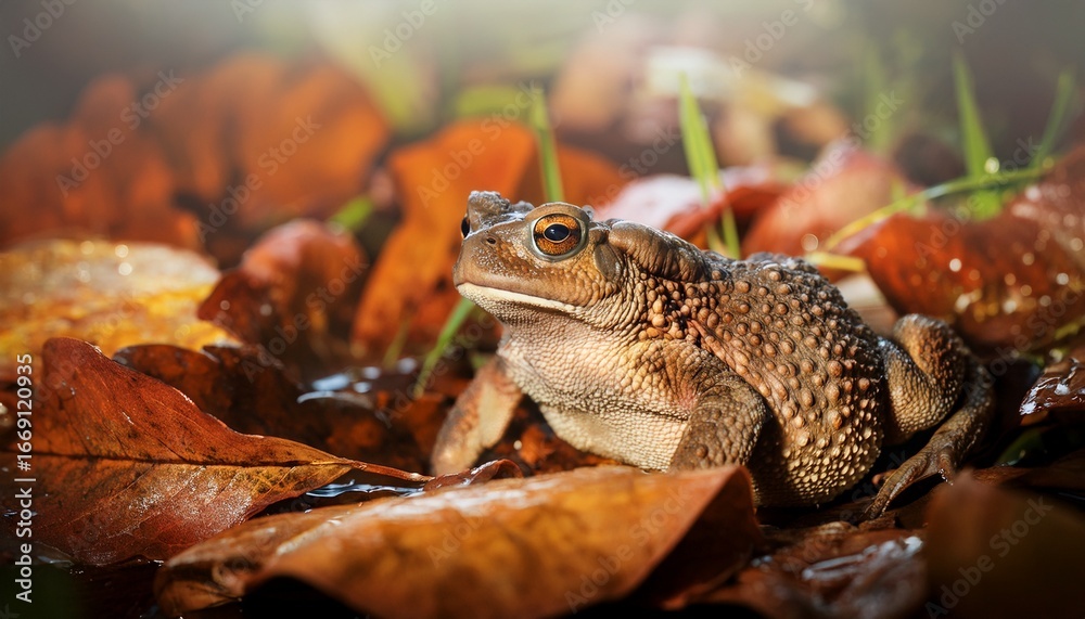Fototapeta premium eastern narrow mouthed toad camouflaged among wet leaves in morning mist