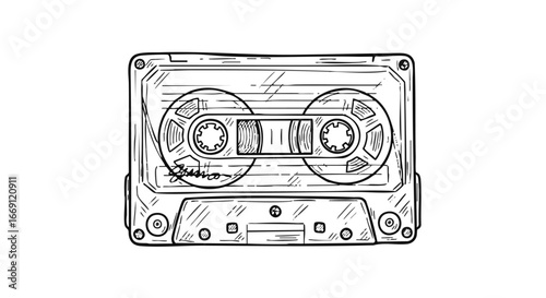 A detailed sketch of a vintage cassette tape, showcasing its intricate mechanical components and nostalgic design.