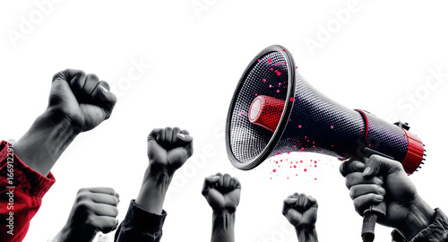 Protest, demonstration, activism, megaphone, raised fists, unity, solidarity, revolution, social change, human rights, freedom, power, voice,  