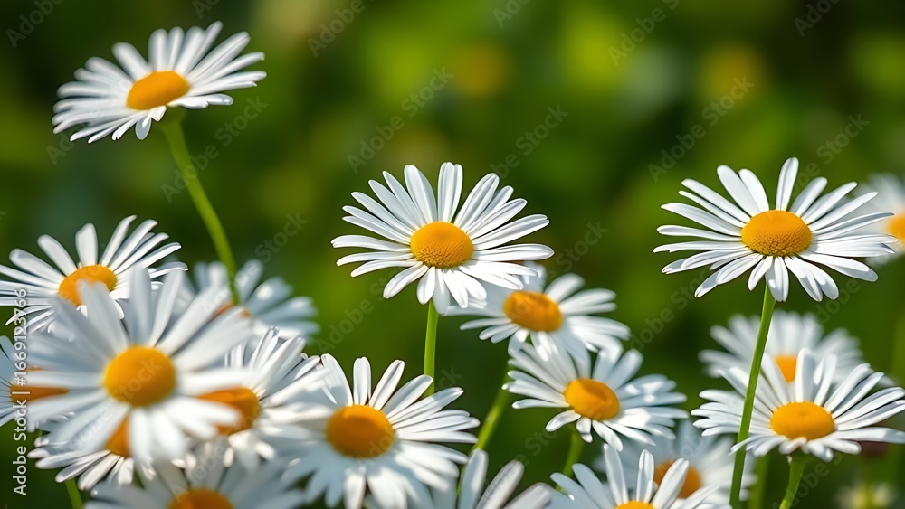 Fototapeta premium Fresh daisies bathed in sunlight with a soft green background, showcasing delicate petals in close-up.