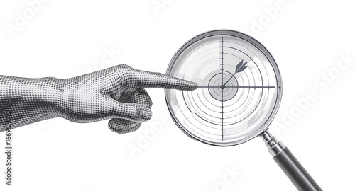 Stylized Hand Pointing at Target Inside Magnifying Glass Abstract Concept of Goal Achievement and Precision Targeting