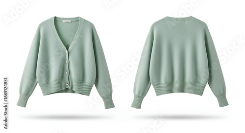 Elegant pastel mint green cardigan displayed from both front and back views highlighting its soft knit fabric and classic relaxed fit suitable for