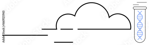 Cloud outline connected to test tube with DNA strand highlights innovation in digital data storage and genetics. Ideal for science, technology, research, innovation, healthcare, cloud computing