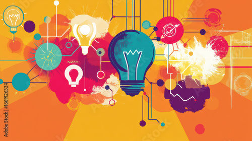 Colorful abstract illustration of idea generation featuring light bulbs, vibrant colors, and dynamic shapes. This artwork symbolizes creativity and innovation, evoking inspiration and imagination