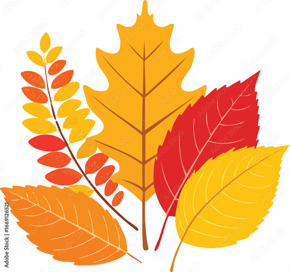 Fototapeta premium Bright collection of colorful autumn leaves in red, yellow, and orange tones. Perfect for seasonal decoration, greeting cards, and fall designs. Generative AI