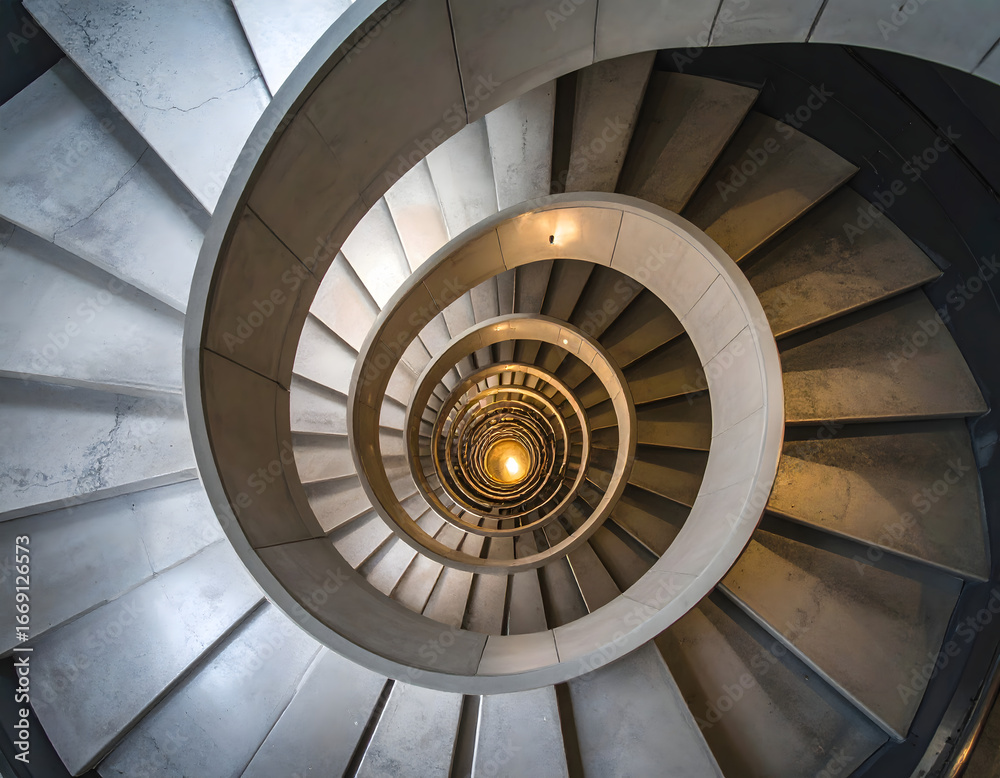 Fototapeta premium Spiraling Staircase: An overhead shot captures a majestic, spiraling staircase with precise architectural details, ascending gracefully toward a central point.