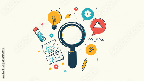 Colorful concept icon for research and observation featuring magnifying glass surrounded by various symbols like light bulbs, documents, and chat bubbles, conveying curiosity and exploration
