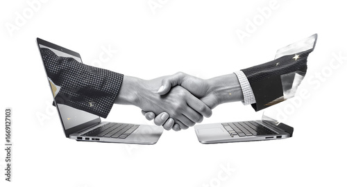 Virtual Handshake, Online Agreement, Business Deal, Digital Partnership, Laptop Connection, Remote Collaboration, Modern  