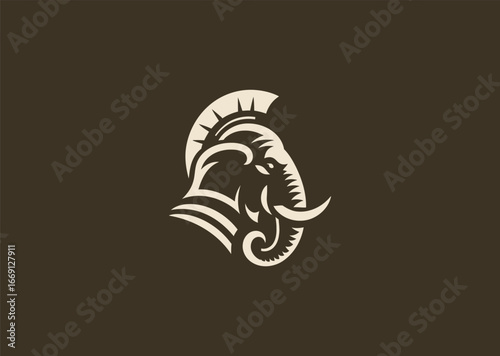 A simple minimalist elephant in Roman warrior helmet silhouette style, symbolizing wisdom, resilience, and power