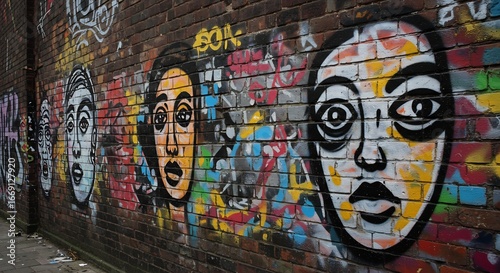 Graffiti art of stylized faces on a brick wall