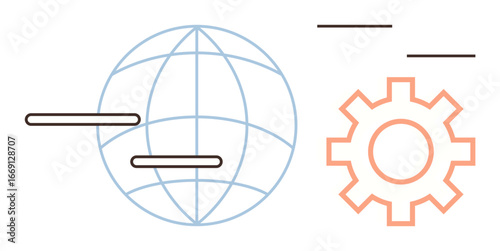 Globe with horizontal lines next to interconnected gear symbolizing innovation, global networking, or technology. Ideal for automation, internet, progress, development, digital systems, strategy
