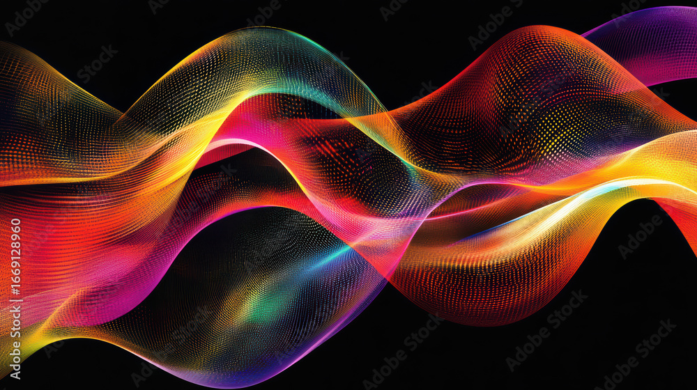 Obraz premium Colorful flowing waves create vibrant visual representation of idea generation, showcasing dynamic interplay of hues and patterns against dark background