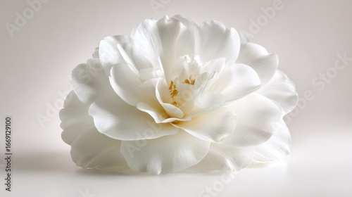 White camellia flower blooms, soft petals layered against a clean, light background