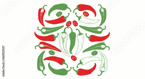 Arrangement of colorful chili peppers and tomatoes, creating a vibrant food pattern