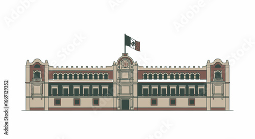 National Palace of Mexico City Illustration with Flag and Intricate Architectural Details