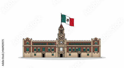 A stylized illustration of the Palacio Municipal of Monterrey, Mexico with the flag waving