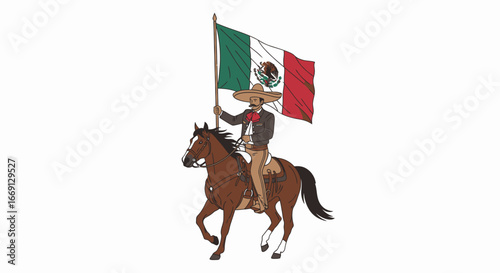 Mexican Pride Charro on Horseback Waving Flag Illustration