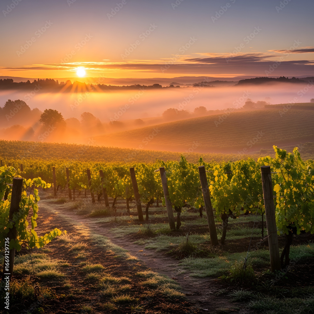 Naklejka premium Sunrise over Misty Vineyard with Golden Light and Lush Green Grapevines