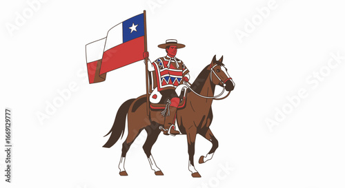 Chilean Huaso on Horseback with Flag, a National Symbol Illustration