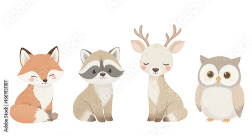Cute woodland animals illustration, adorable cartoon fox, raccoon, deer, and owl characters, perfect for kids designs, nursery decor, baby shower invitations, and childrens books.