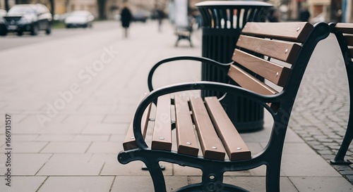 Wallpaper Mural Empty park bench on a city sidewalk with trash can Torontodigital.ca