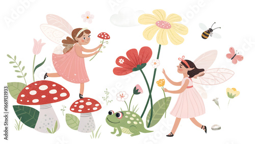 Fairies, Flowers, Mushrooms, and a Frog in a Whimsical Garden