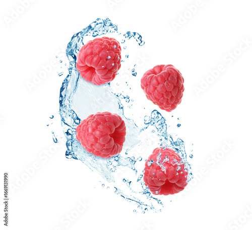 Fresh ripe raspberries and water splash in air on white background