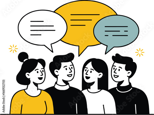 Group of four people talking with speech bubbles above them in a cartoon style illustration