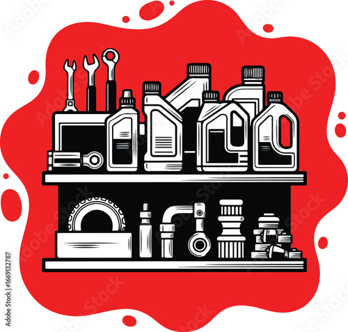 Storage Shelf Icon – Bold Black and White Vector Illustration of Automotive Supply Organizer on Red Background