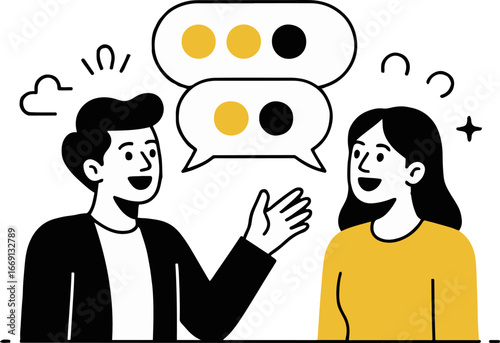 Illustration of a man and a woman having a conversation with speech bubbles above their heads in black and yellow