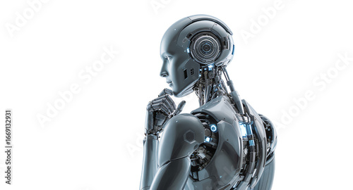 Futuristic Robot Thinking Against a White Background