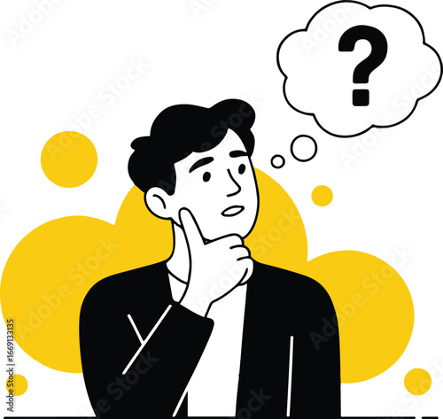 A man in a suit thinking with a question mark in a thought bubble and yellow circles in the background
