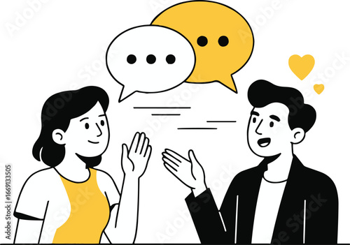 Illustration of a man and woman facing each other with speech bubbles and hearts above them on white