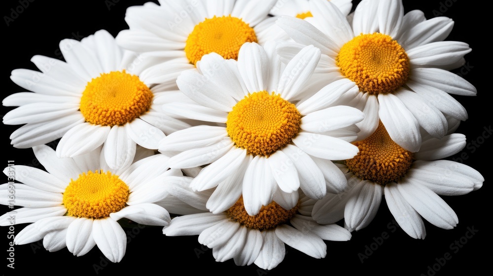 Fototapeta premium Close-Up of Daisies: Vibrant Yellow Centers Against a Black Background