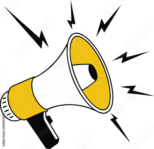 Illustration of a white and yellow megaphone with black accents and lightning bolts around it on white