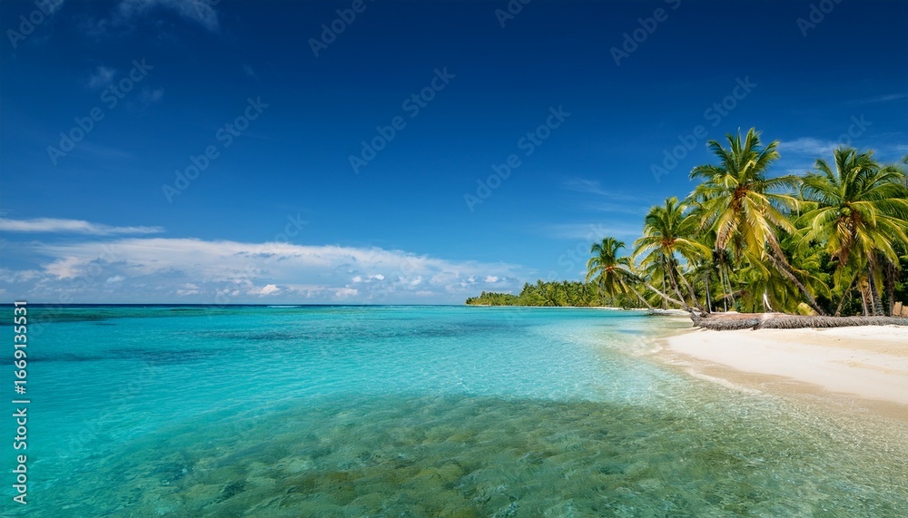 Fototapeta premium serene coastal paradise with crystal clear waters and palm trees along the shoreline
