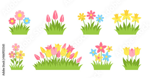 Bright spring flowers and buds. Tulips, chamomile, narcissus, daisy, mixed simple blossoms in fresh green grass. Flat floral shapes stylized meadow blooms. Summer decorative garden flowerbed elements