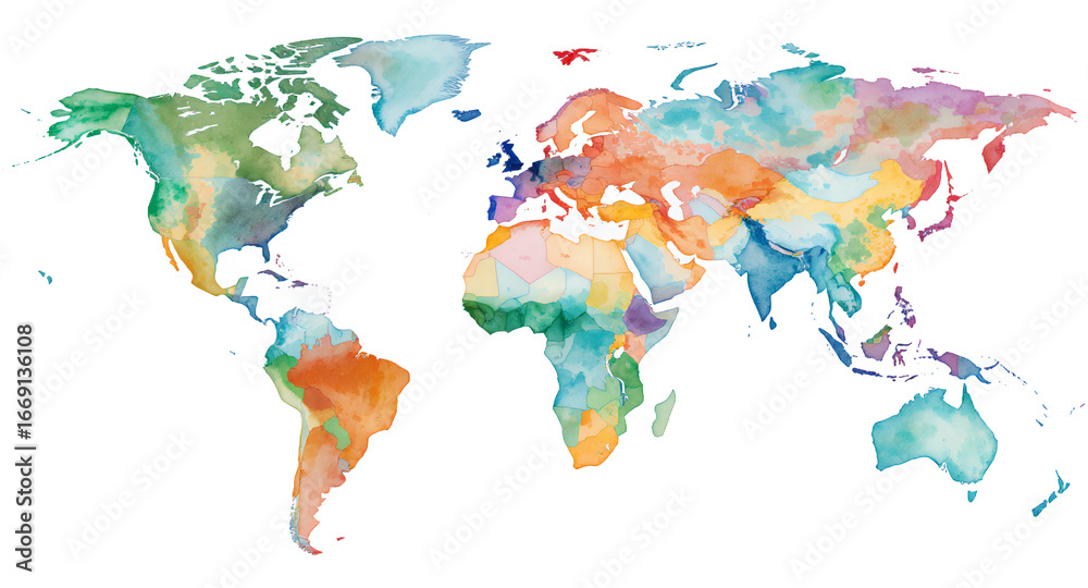 Naklejka premium Watercolor World Map in Colorful Tones