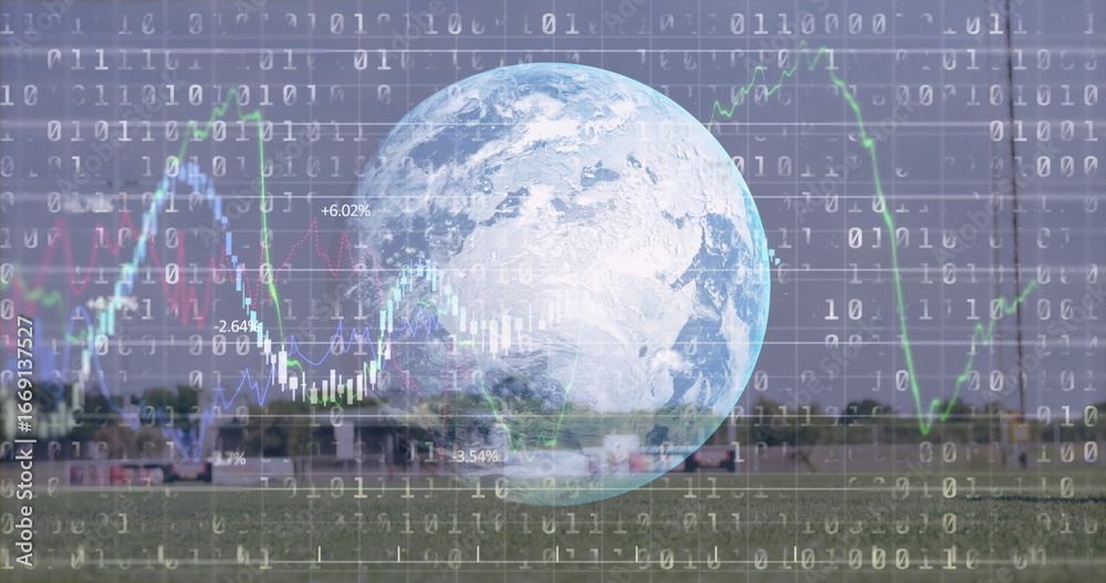 Fototapeta premium Hovering translucent 3D Earth globe above runway and hangars, with binary code and chart overlays
