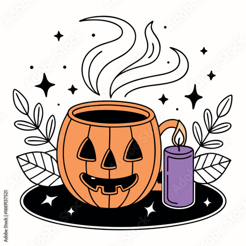 Festive pumpkin mug emits steam near a lit candle, surrounded by stars