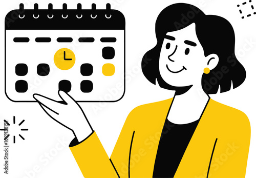 Woman in yellow blazer presenting a calendar with marked date in a flat vector illustration style