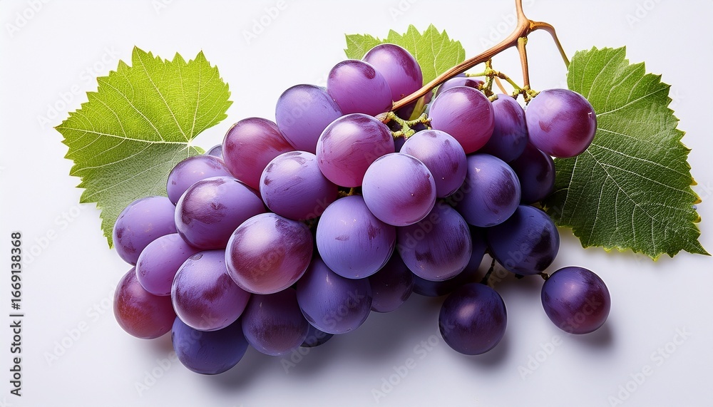 Fototapeta premium vibrant bunches of purple grapes with delicate leaves highlighted against a white background creating a fresh and artistic display generative ai