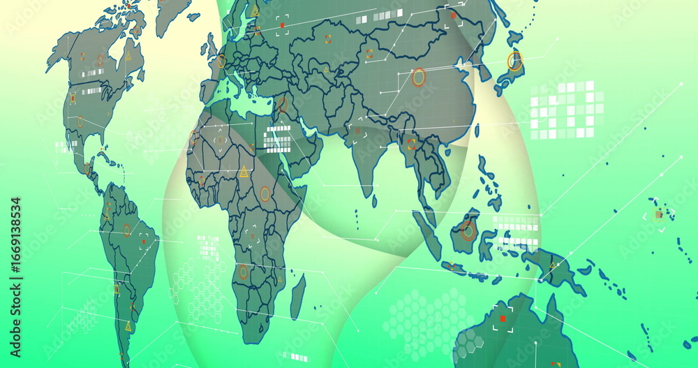 Fototapeta premium Digital world map graphic displaying hex grid, data nodes and ribbon overlays in virtual interface