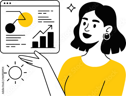 Woman presenting a dashboard with charts graphs and data analysis in a minimalist vector illustration