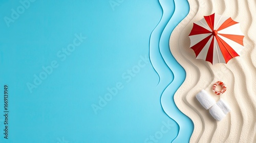 Serene Beachscape: Red and White Striped Umbrella, Rolled Towels, and Inflatable Ring on Paper-Cut Sandy Shore