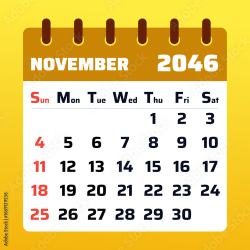 November 2046 calendar. Yellow monthly planner. 2046 weekend setup with saturday and sunday. Date grid of november calendar 2046. Vector artwork