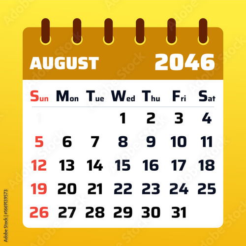 August 2046 calendar. Yellow calendar page. 2046 weekend format with sunday–saturday. Monthly layout of august calendar 2046. Vector graphic