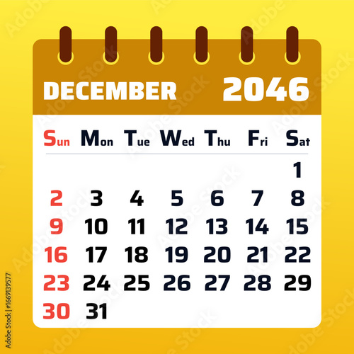 December 2046 calendar. Yellow calendar template. 2046 weekend sunday and saturday arrangement. Holiday page for december calendar 2046. Vector graphic