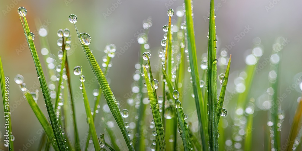 Obraz premium Delicate blades of grass, glistening with morning dew, create a serene and refreshing scene.